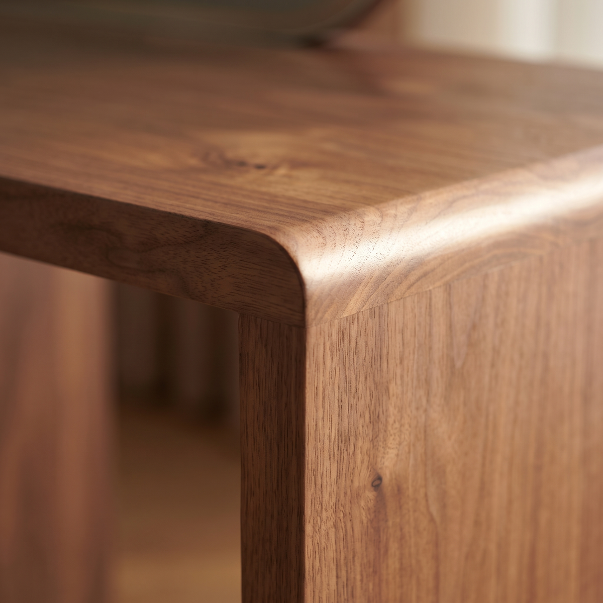 Wailea Vanity Set - detail of the waterfall corner where the desk top turns to the floor