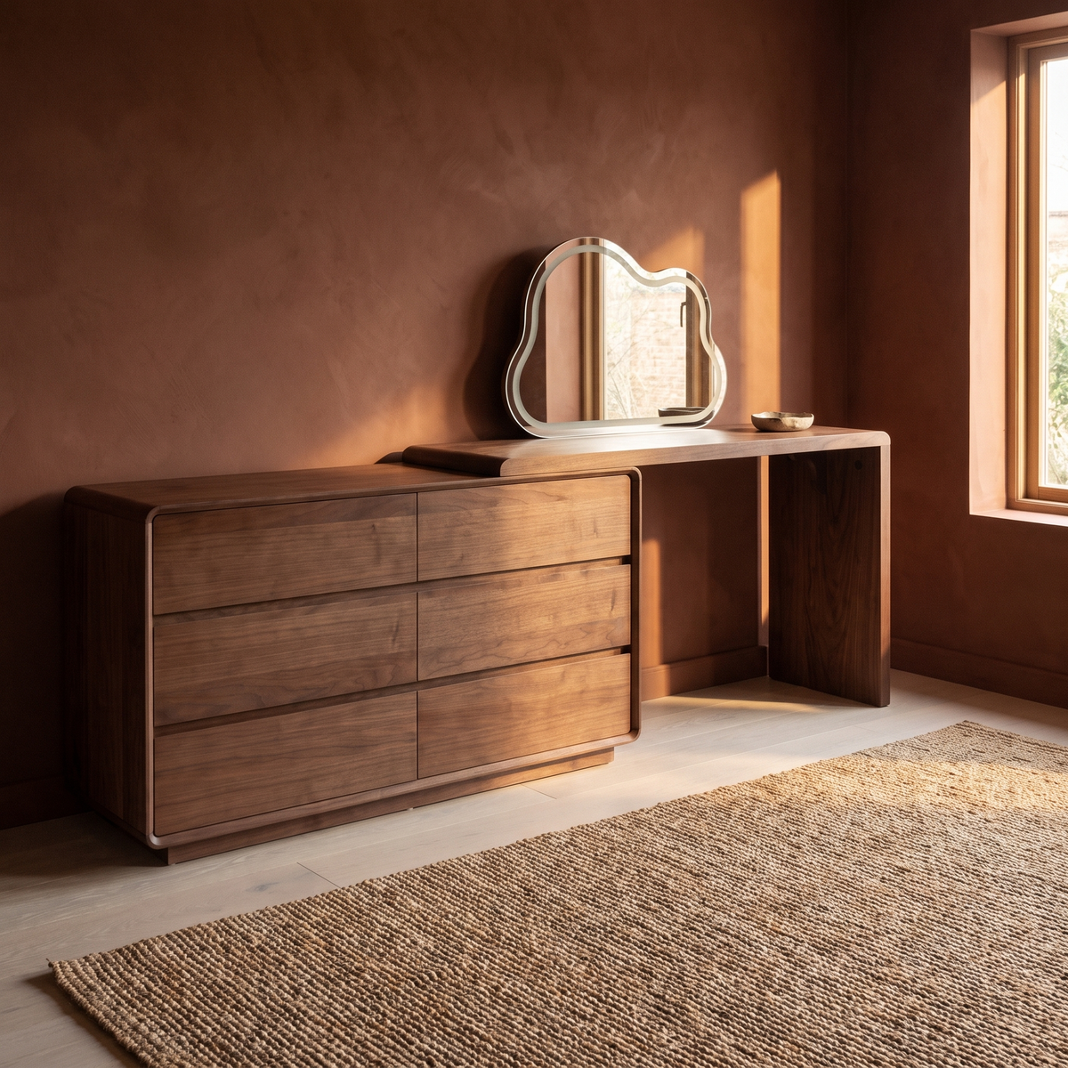 Wailea Vanity Set in walnut, three-quarter view in a bedroom
