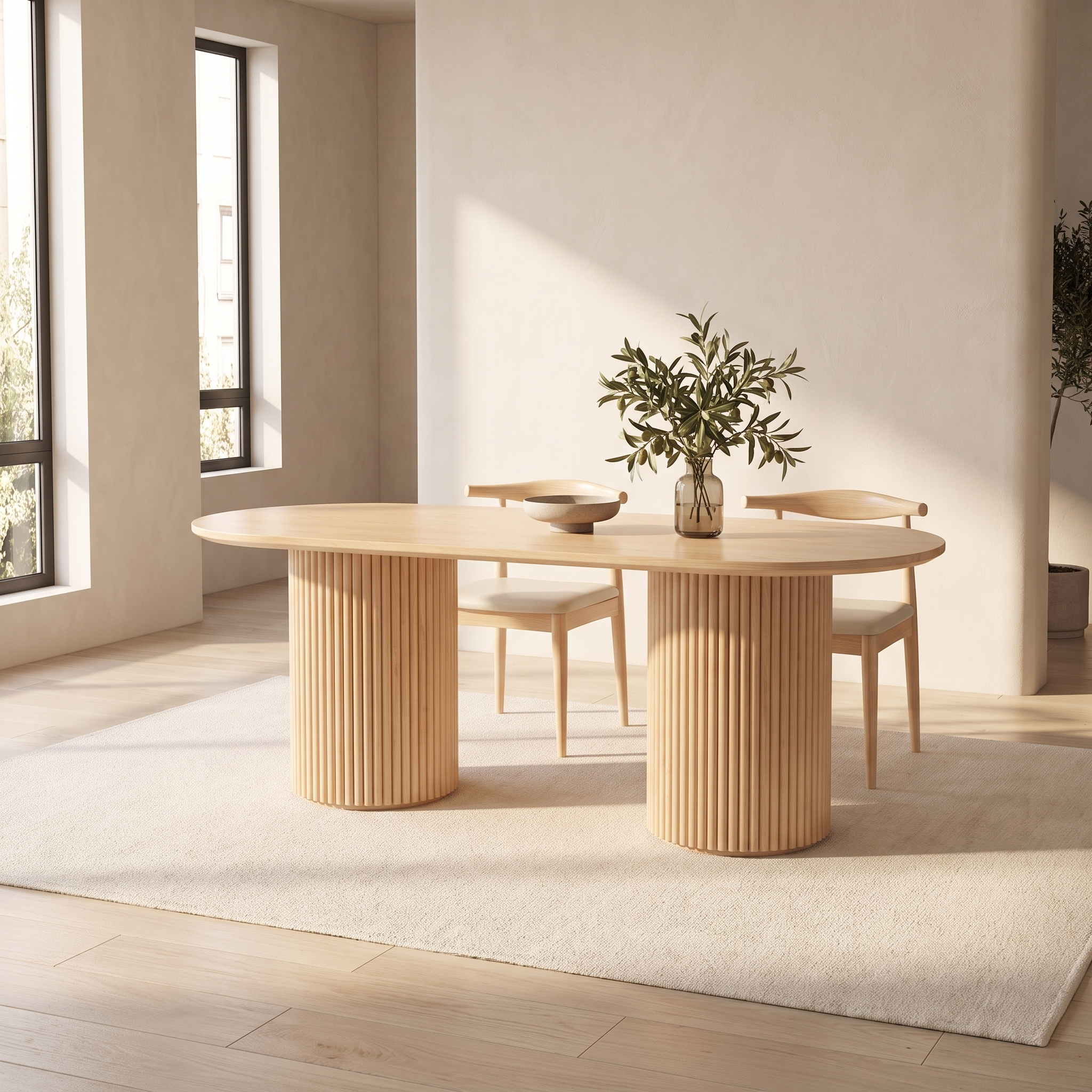 Waimea Dining Table in a bright dining room with six chairs