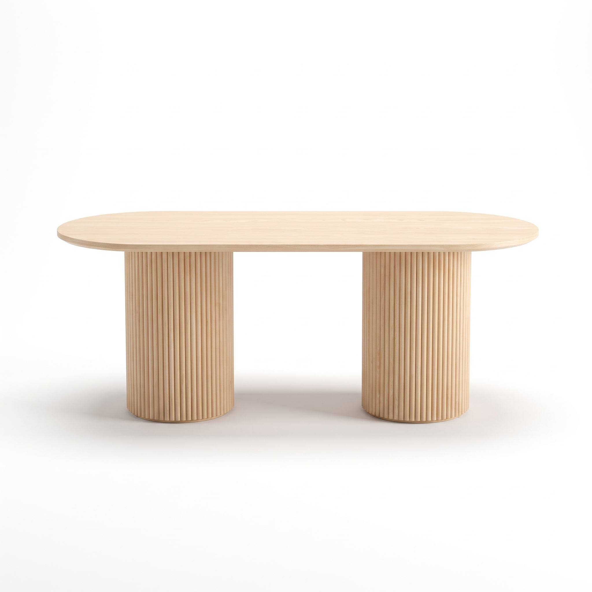 Waimea Dining Table, oval ash top on two fluted drum pedestals