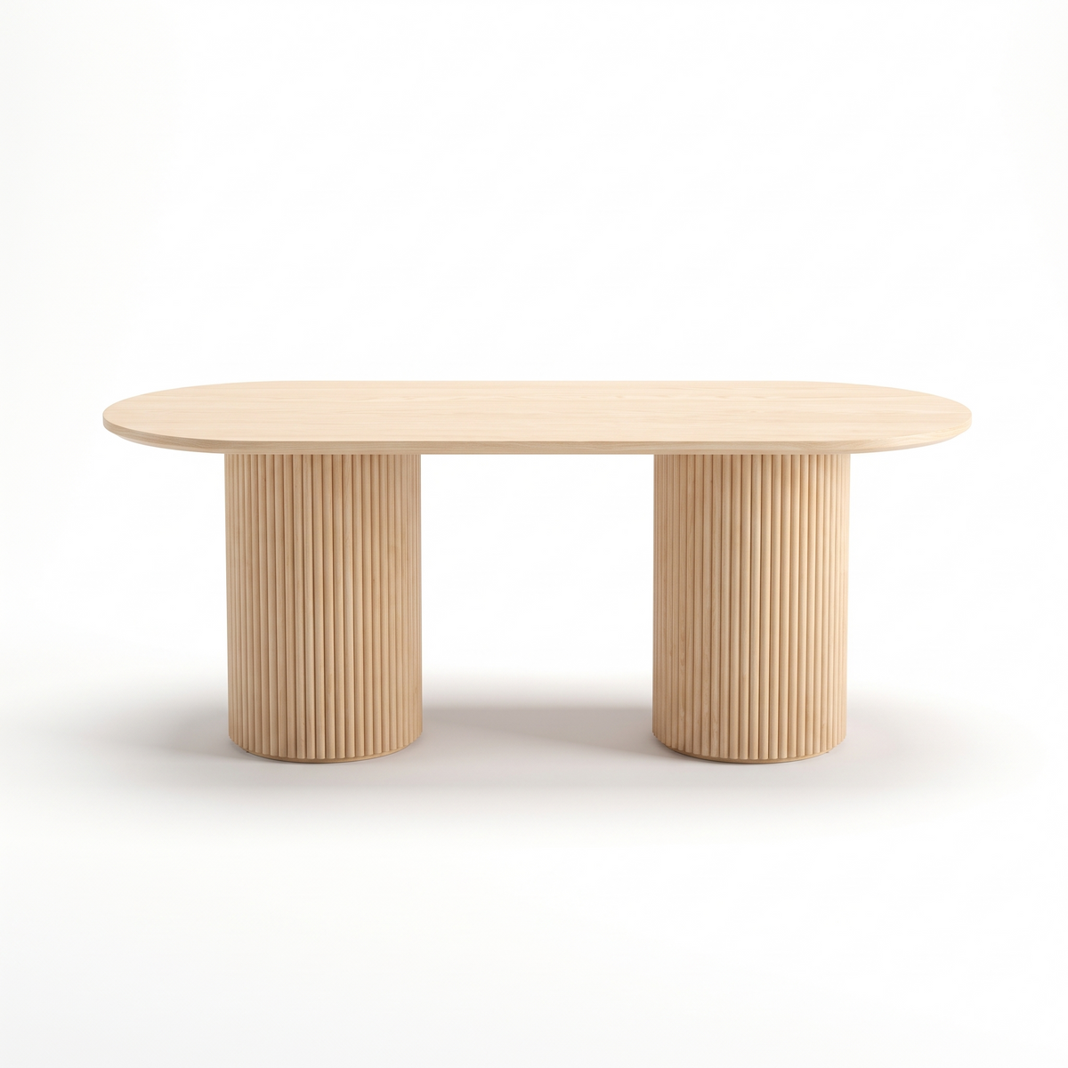 Waimea Dining Table, oval ash top on two fluted drum pedestals
