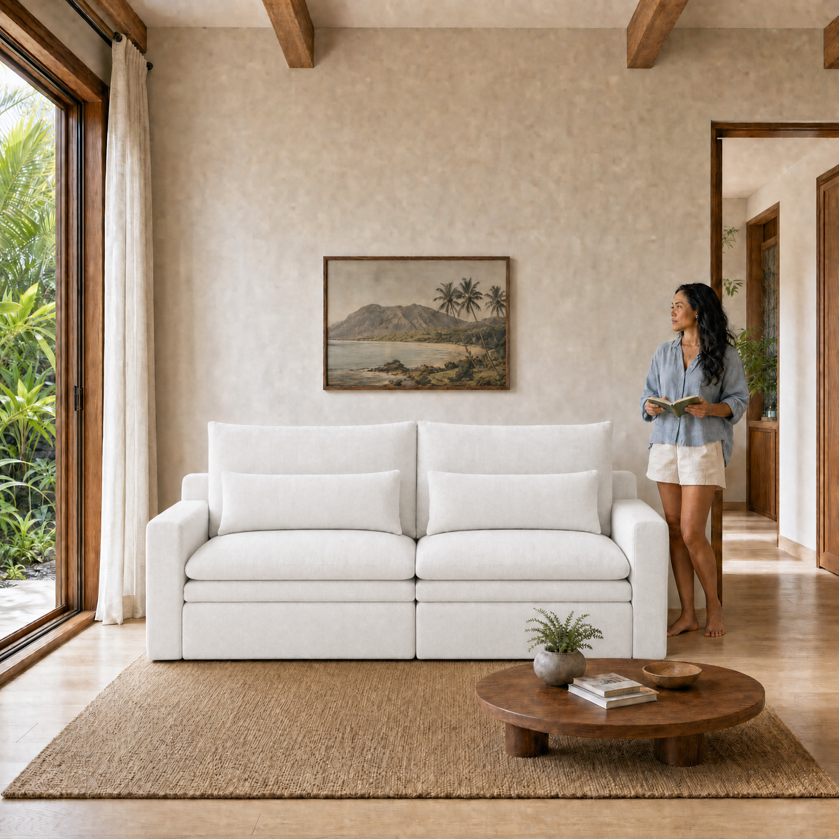 Kahala Sofa — White / 86.6 inch — front staged in a Hawaiian home — KAH-SOF-2-W