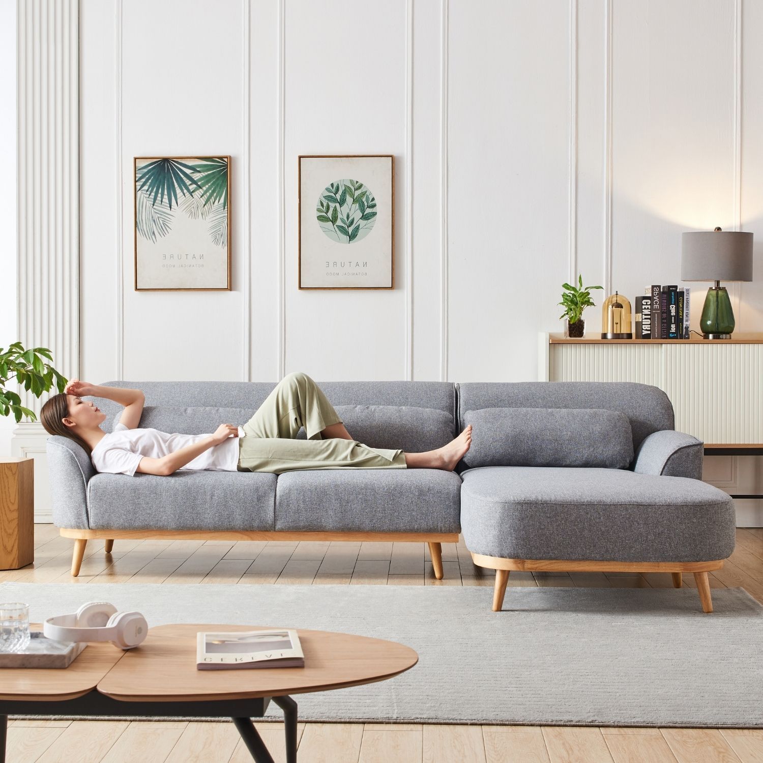Solid Wood Sectional Sofa Valyou Furniture Grey Facing Right