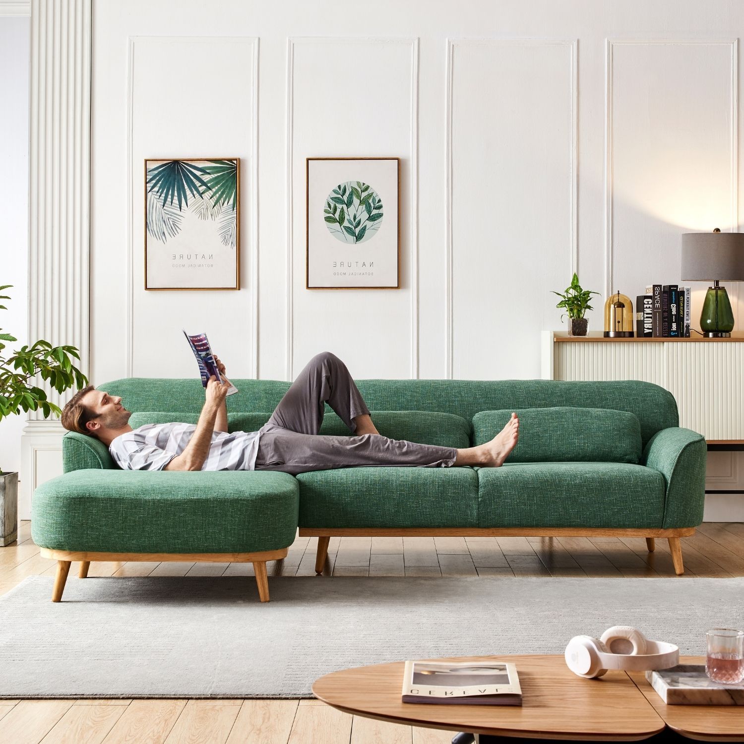 Solid Wood Sectional Sofa Valyou Furniture Green Facing Left 