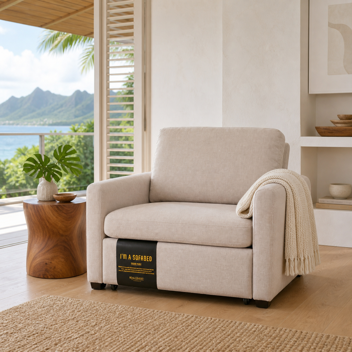 Dianna Lounge Chair Bed in Beige in a bright Hawaii island home