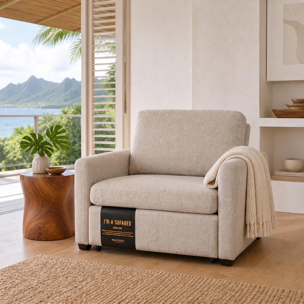 Dianna Lounge Chair Bed in Harvest Sand in a bright oceanfront Hawaii home