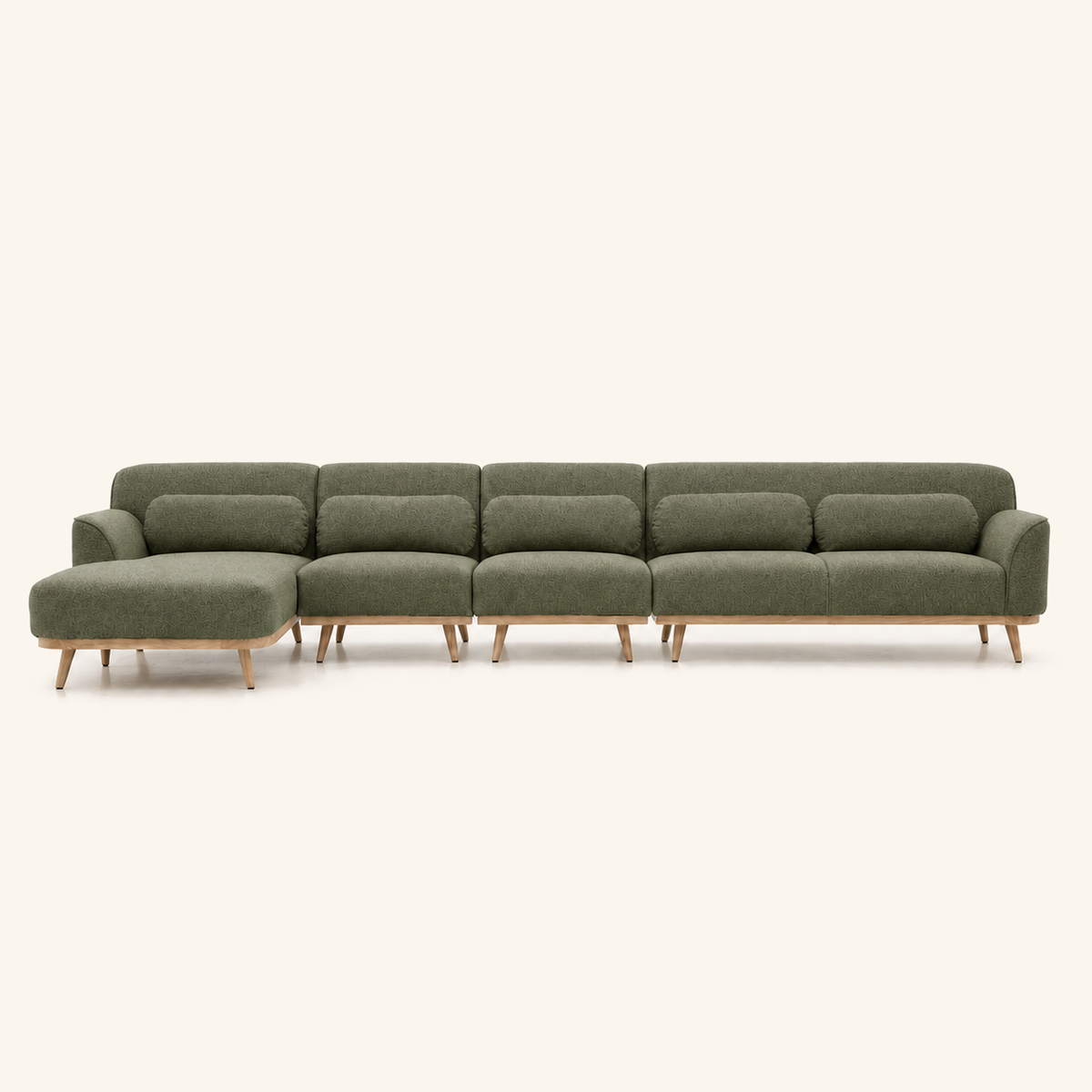 Solid Wood Sectional 164 inch Olive Green Facing Left front on warm cream background