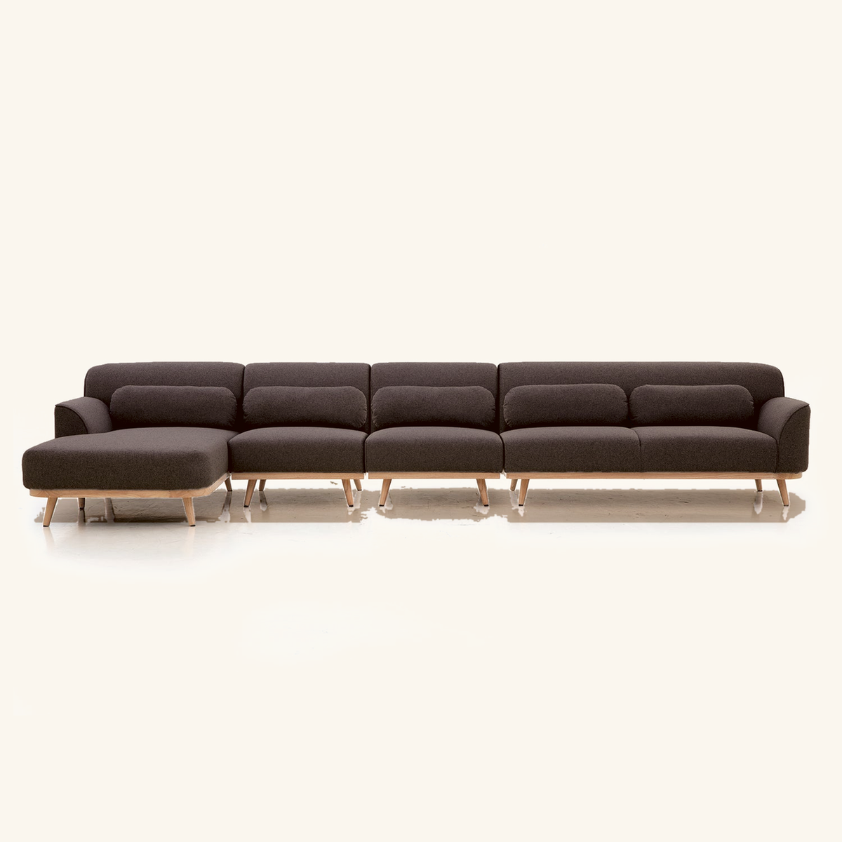 Solid Wood Sectional 164 inch Brown Facing Left rendered v3 front on #FAF6EE