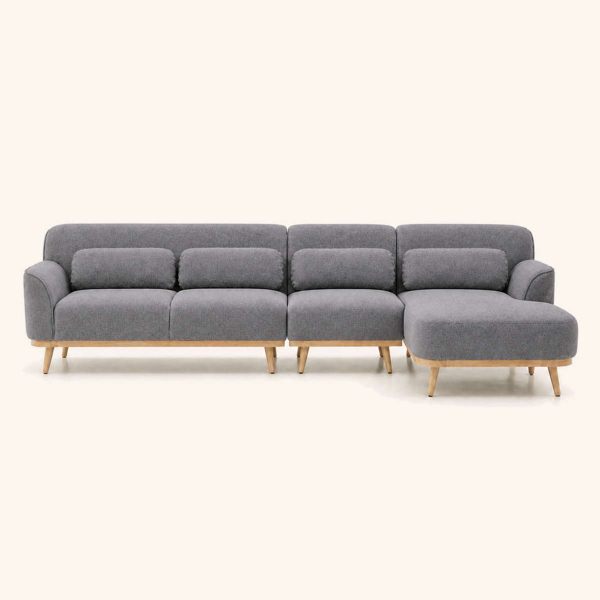 Solid Wood Sectional 135 inch Grey Facing Right front on warm cream background