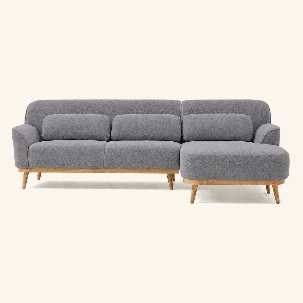 Solid Wood Sectional 105 inch Grey Facing Right front on warm cream background