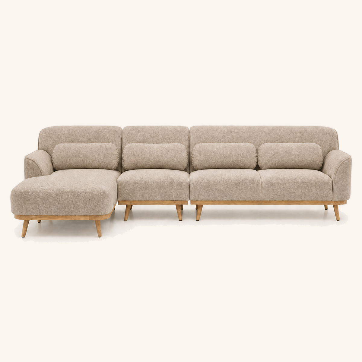 Solid Wood Sectional 135 inch Beige Facing Left front on warm cream background
