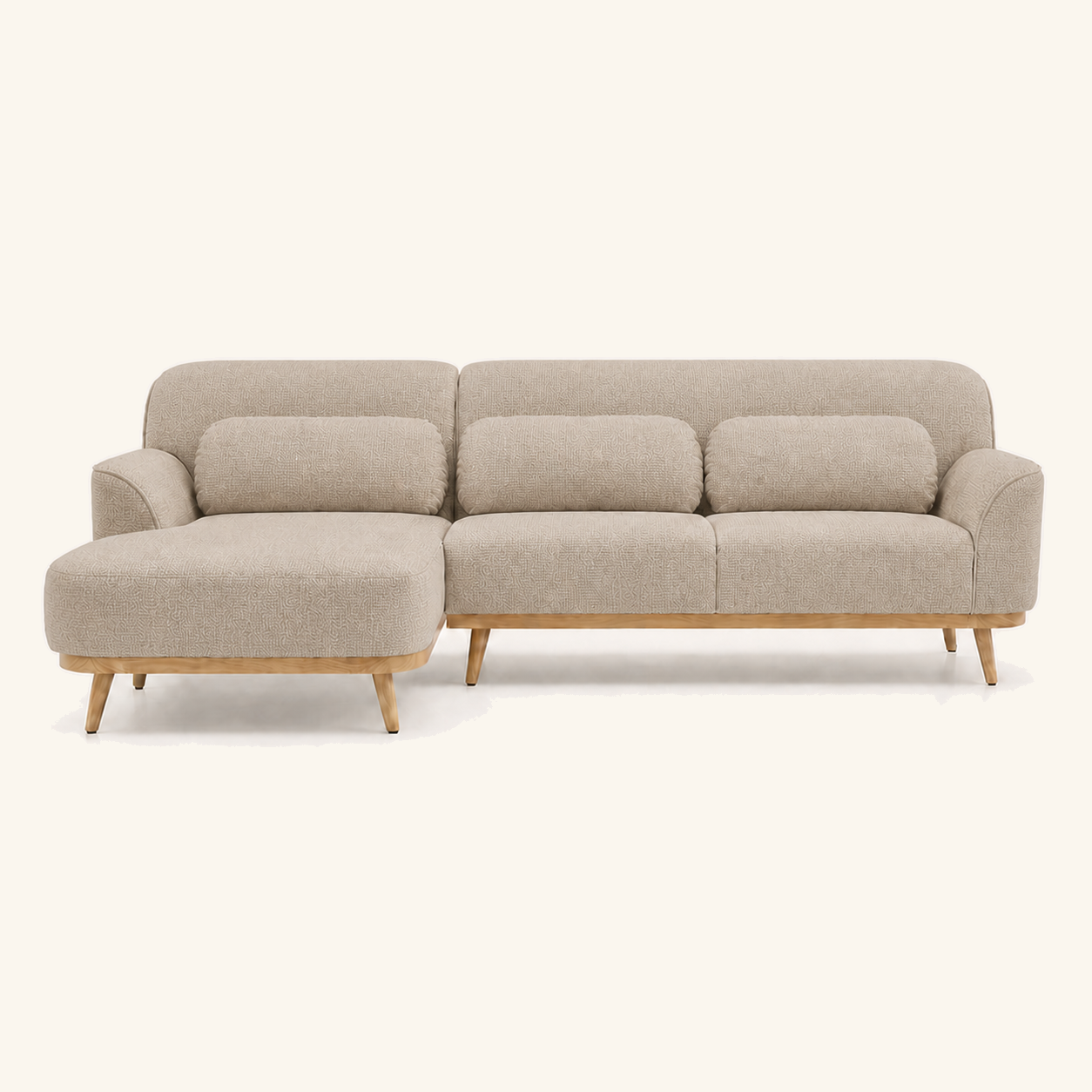 Solid Wood Sectional 105 inch Beige Facing Left front on warm cream background