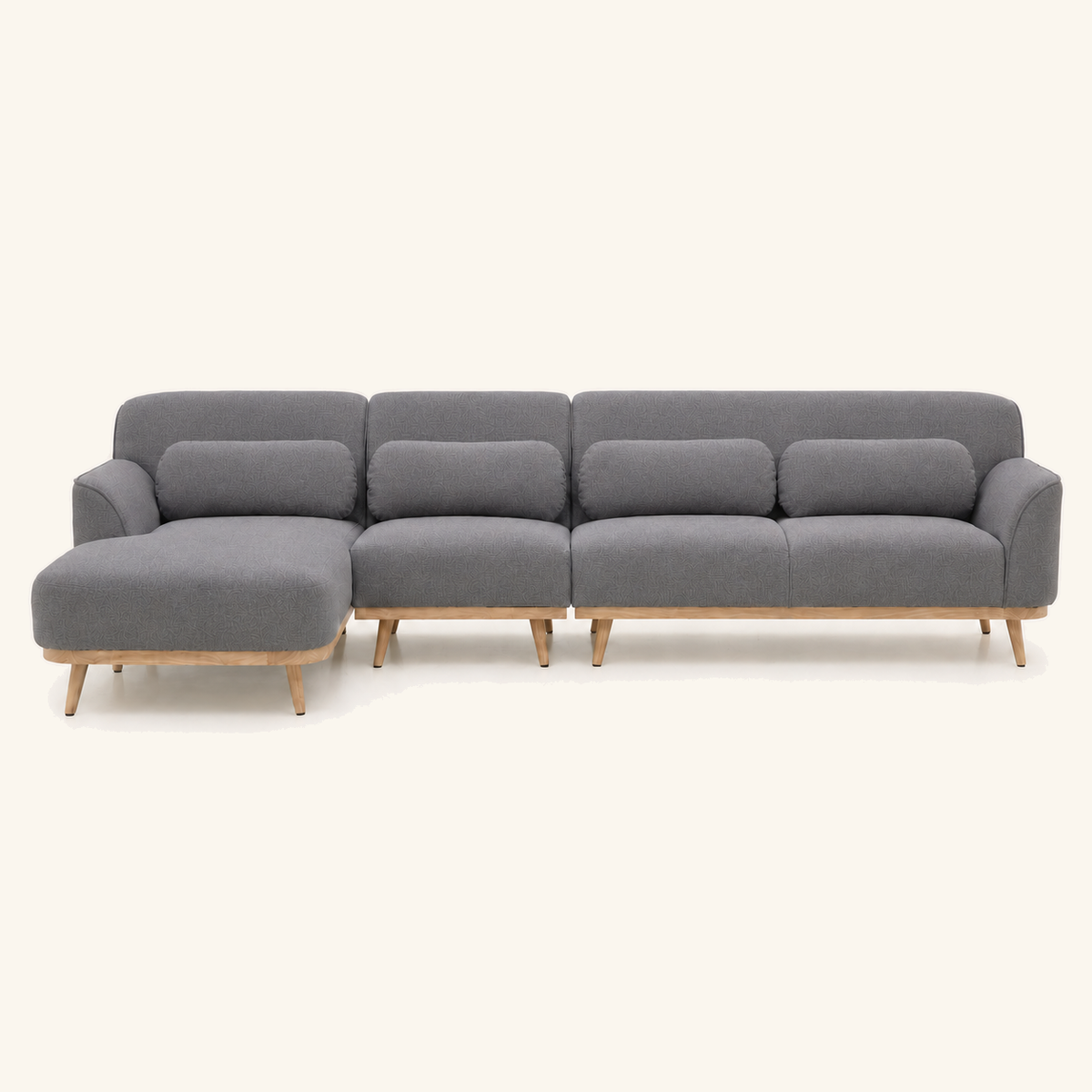 Solid Wood Sectional 135 inch Grey Facing Left front on warm cream background