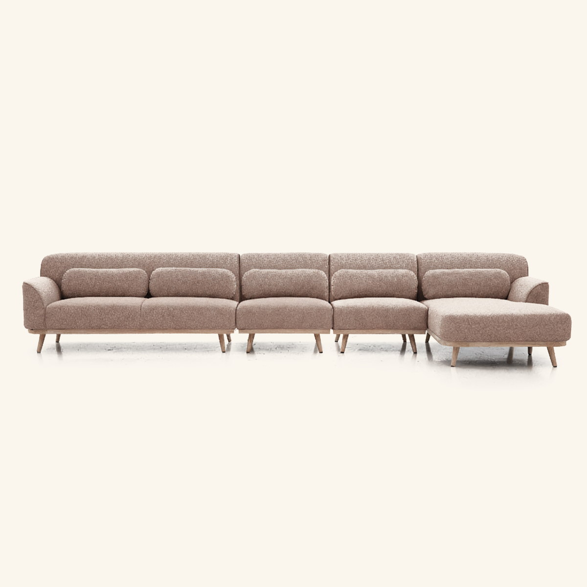Solid Wood Sectional 164 inch Sand Facing Right rendered v3 front on #FAF6EE