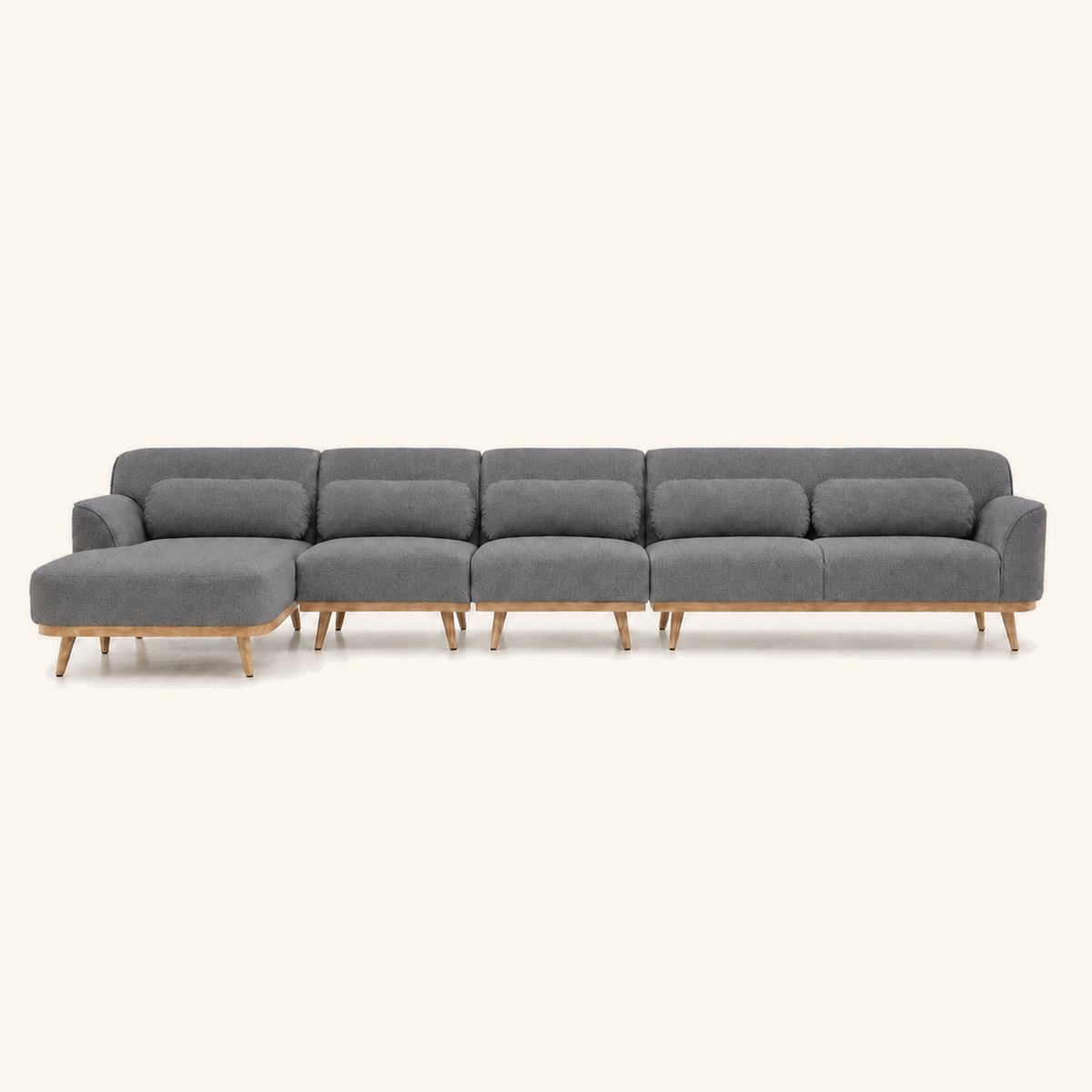 Solid Wood Sectional 164 inch Grey Facing Left front on warm cream background