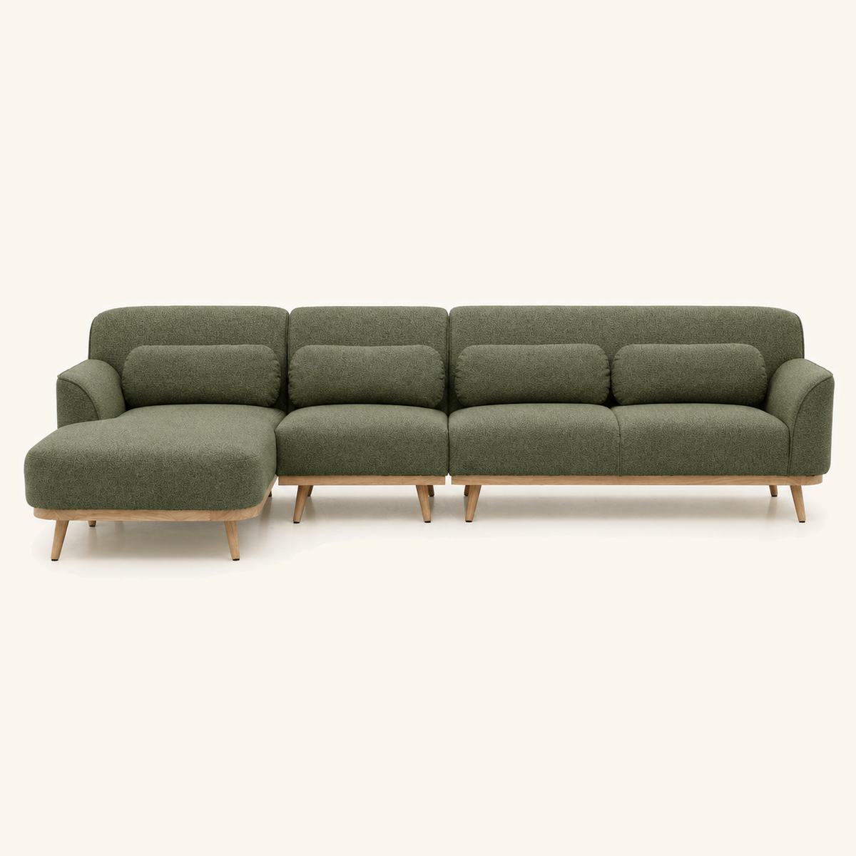 Solid Wood Sectional 135 inch Olive Green Facing Left front on warm cream background