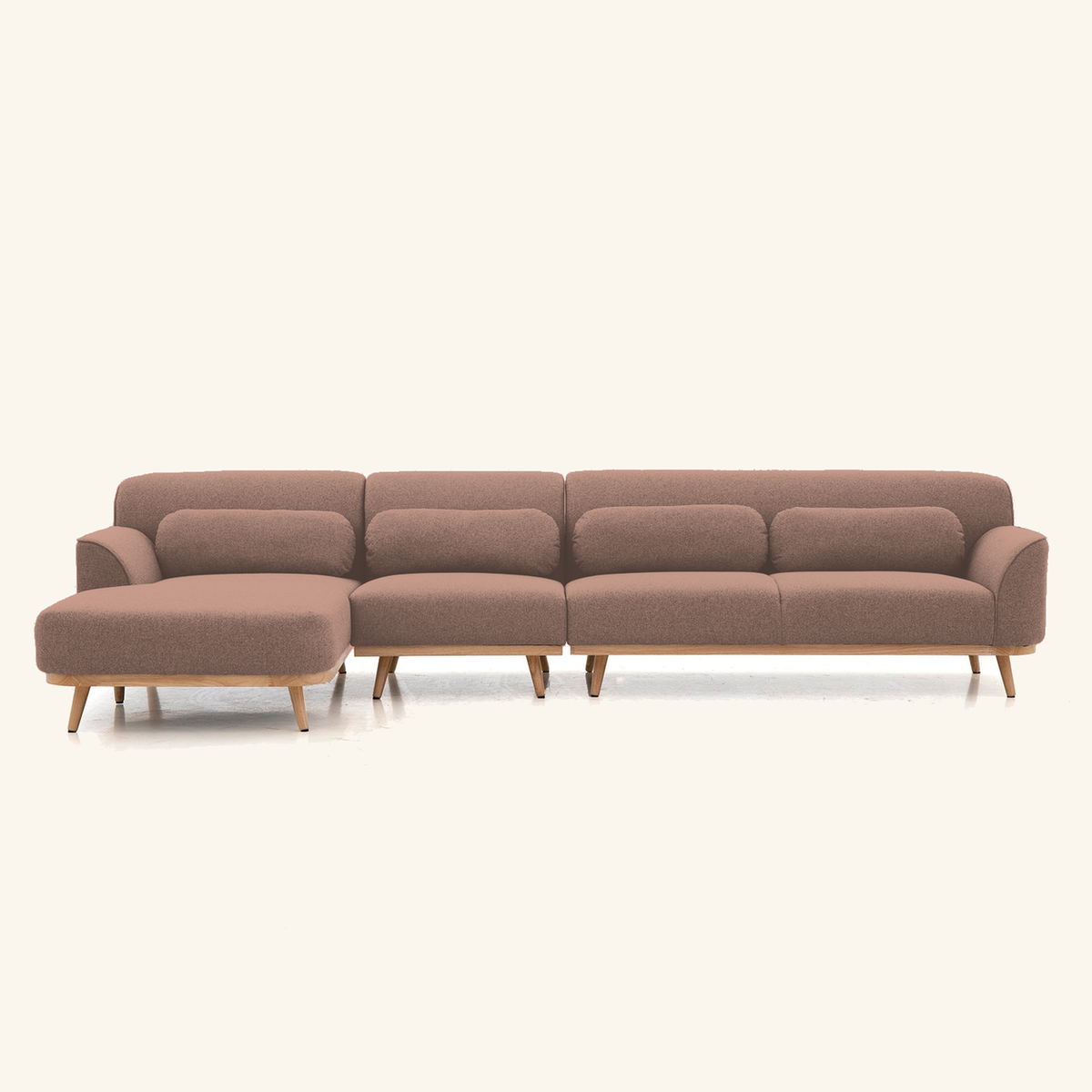 Solid Wood Sectional 135 inch Sand Facing Left rendered v3 front on #FAF6EE