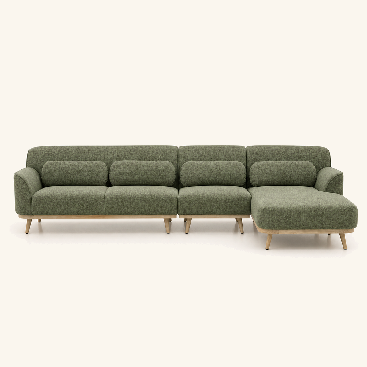 Solid Wood Sectional 135 inch Olive Green Facing Right front on warm cream background
