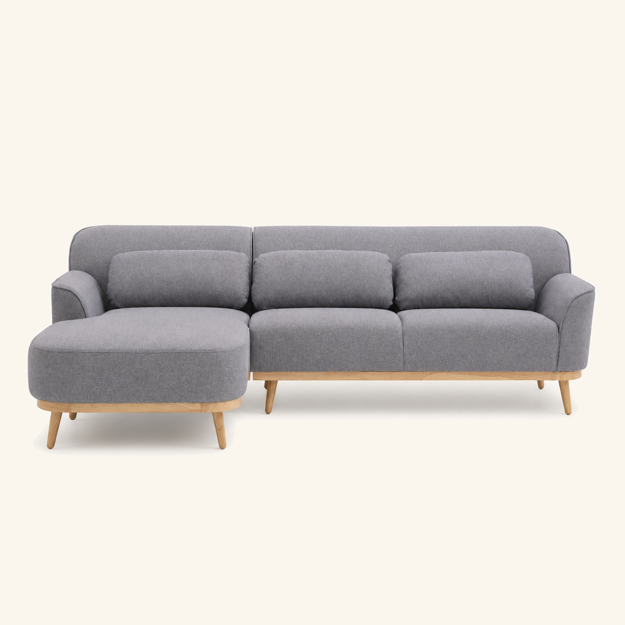 Solid Wood Sectional 105 inch Grey Facing Left front on warm cream background