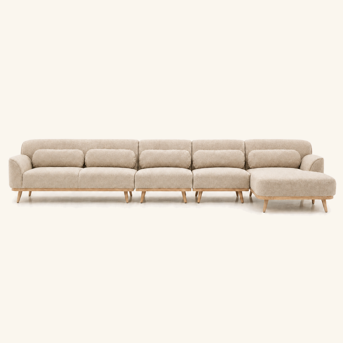 Solid Wood Sectional 164 inch Beige Facing Right front on warm cream background