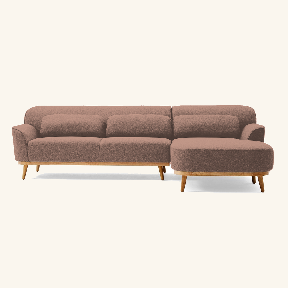 Solid Wood Sectional 105 inch Sand Facing Right rendered v3 front on #FAF6EE
