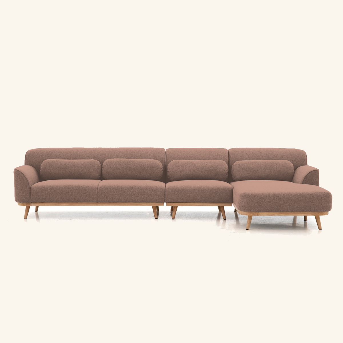 Solid Wood Sectional 135 inch Sand Facing Right rendered v3 front on #FAF6EE