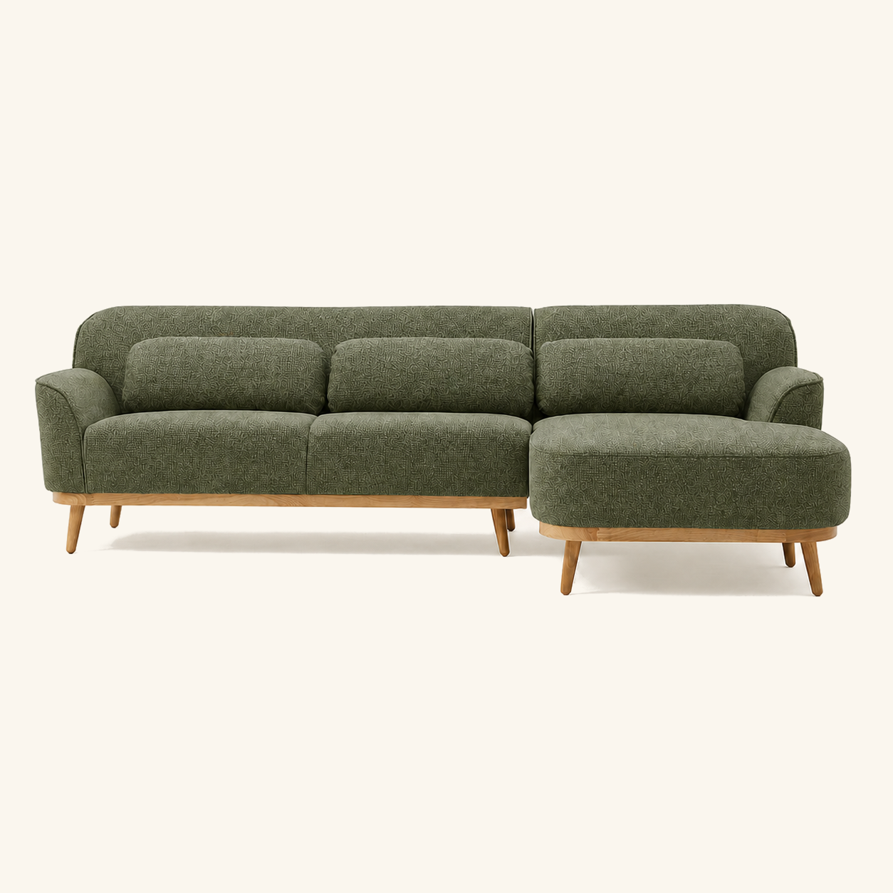 Solid Wood Sectional 105 inch Olive Green Facing Right front on warm cream background