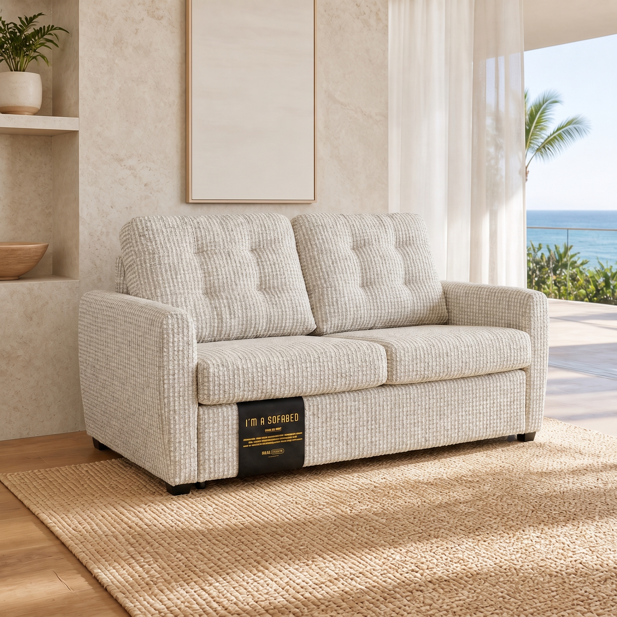 Rebecca Queen Size Sofa Bed in Ivory Weave in an oceanfront Hawaii living room