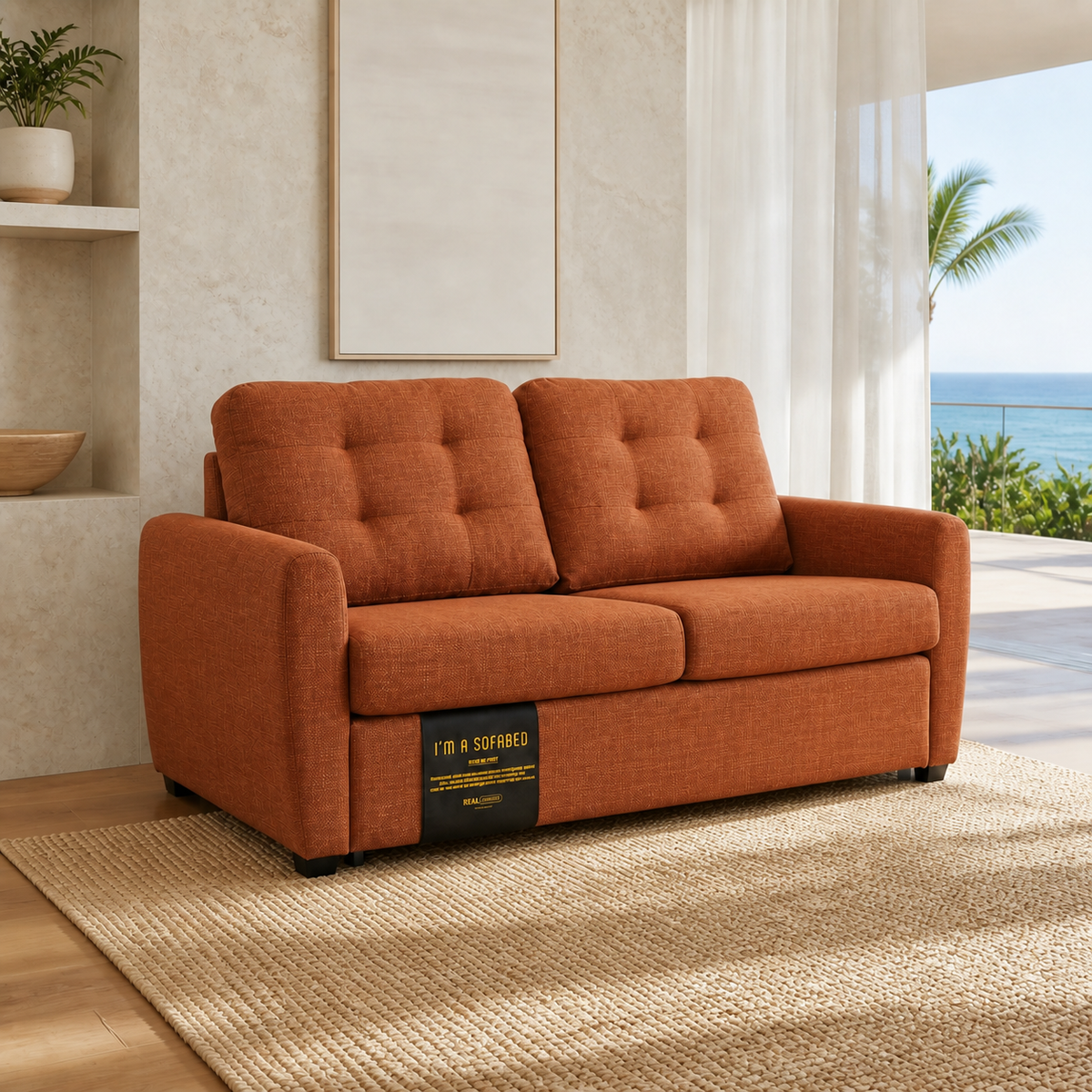 Rebecca Queen Size Sofa Bed Rustic in an oceanfront Hawaii living room