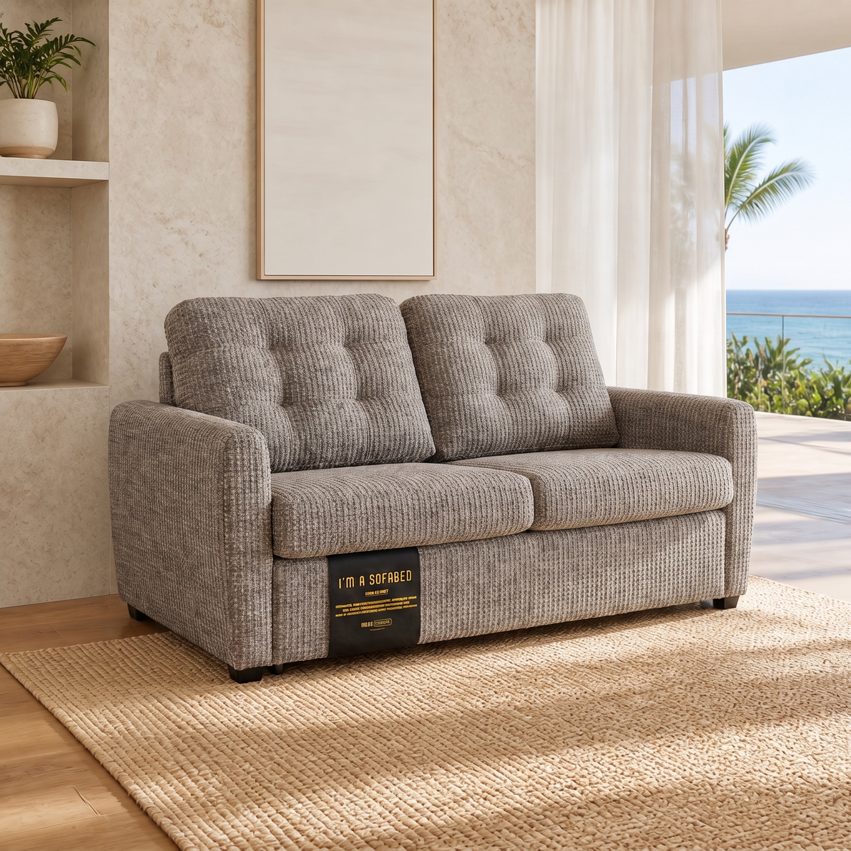 Rebecca Queen Size Sofa Bed in Taupe Weave in an oceanfront Hawaii living room