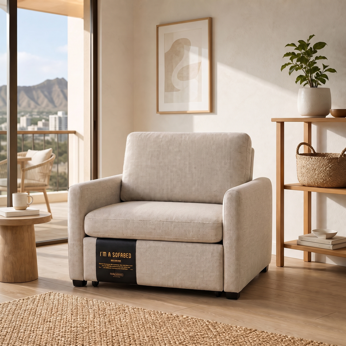 Dianna Lounge Chair Bed in Harvest Sand in a modern Honolulu condo