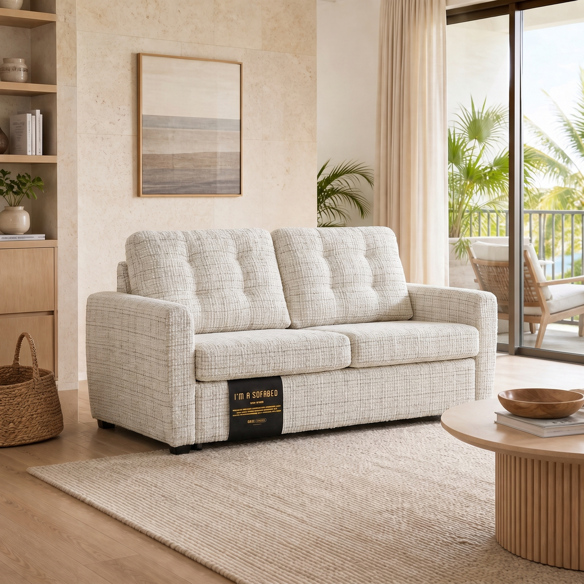 Rebecca Queen Size Sofa Bed in Ivory Weave in a modern Honolulu condo