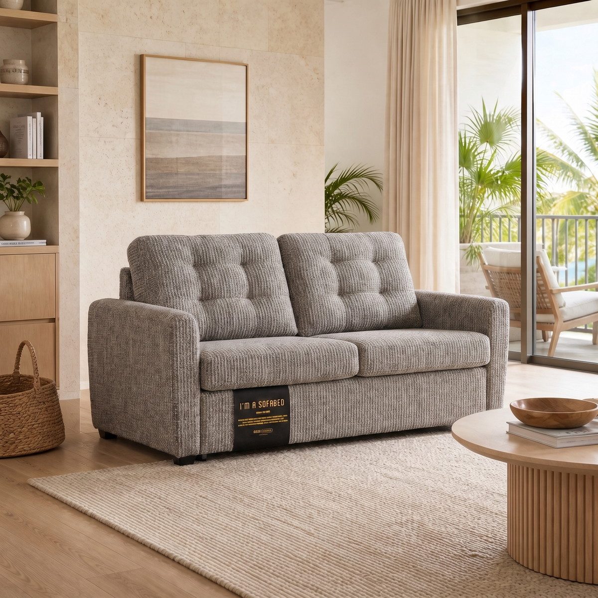 Rebecca Queen Size Sofa Bed in Taupe Weave in a modern Honolulu condo