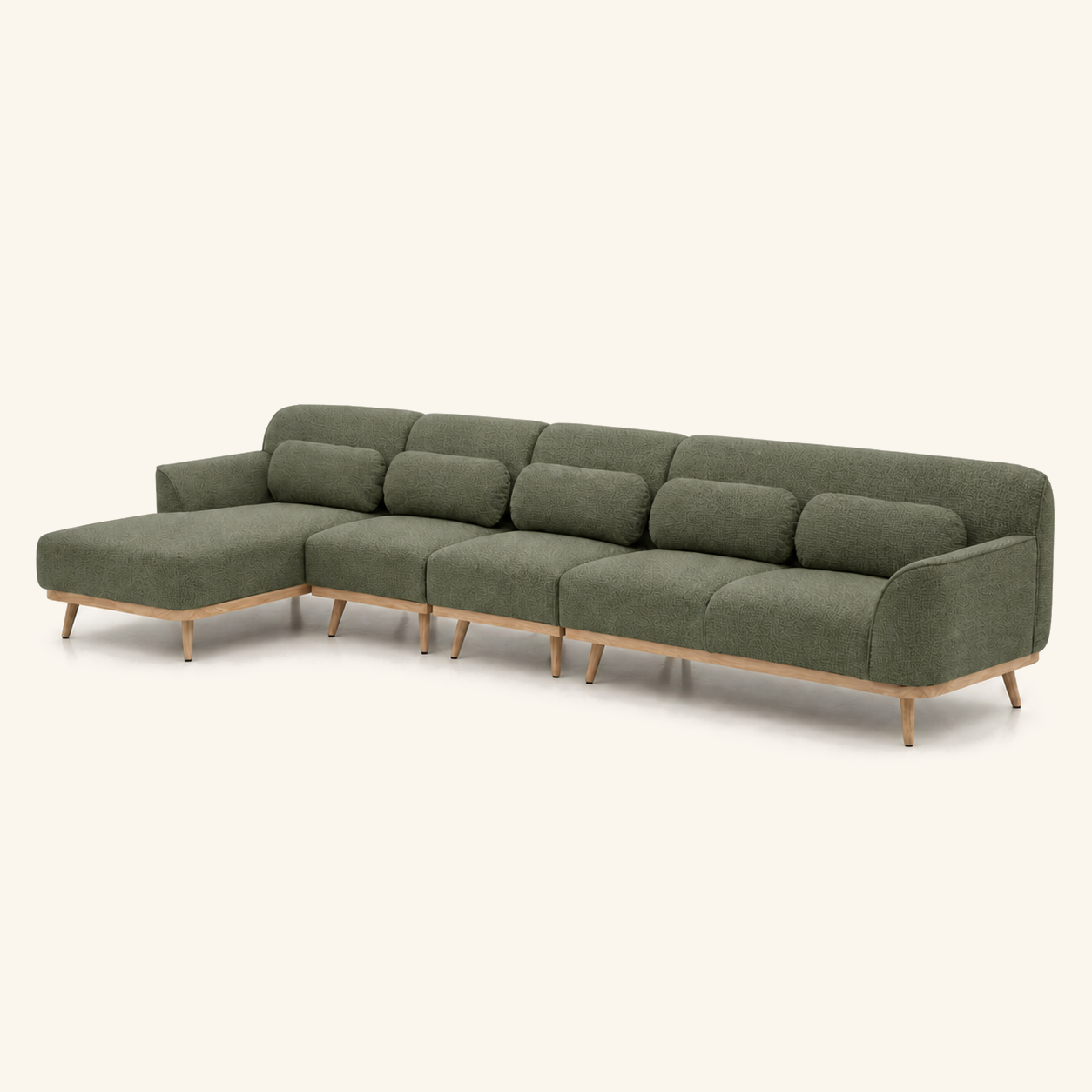 Solid Wood Sectional 164 inch Olive Green Facing Left side on warm cream background