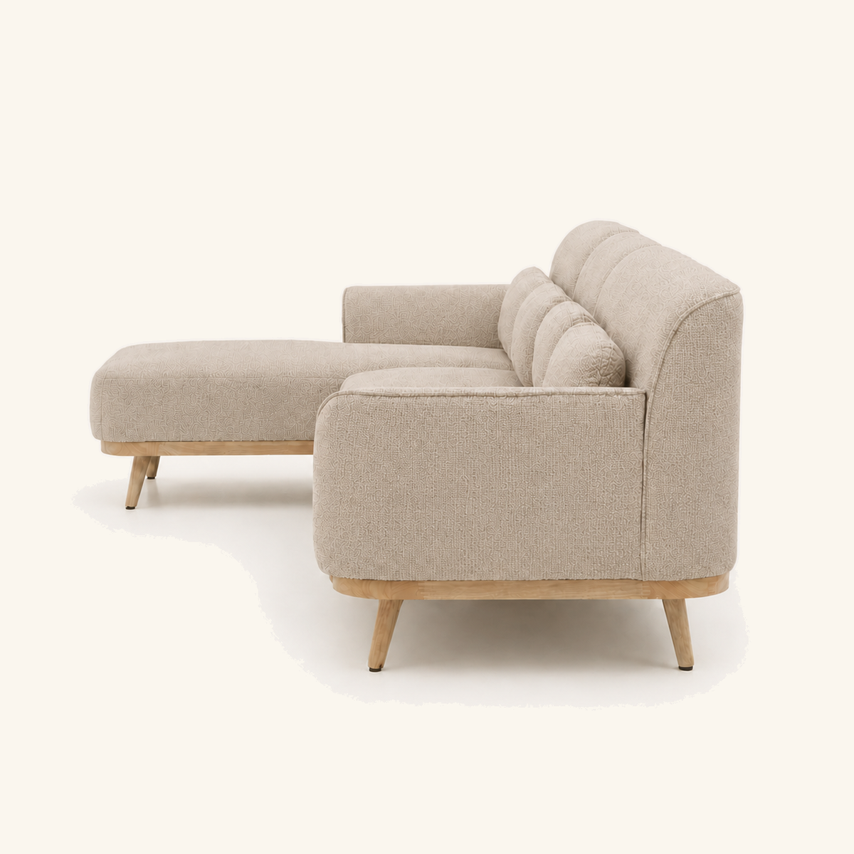 Solid Wood Sectional 135 inch Beige Facing Left side on warm cream background