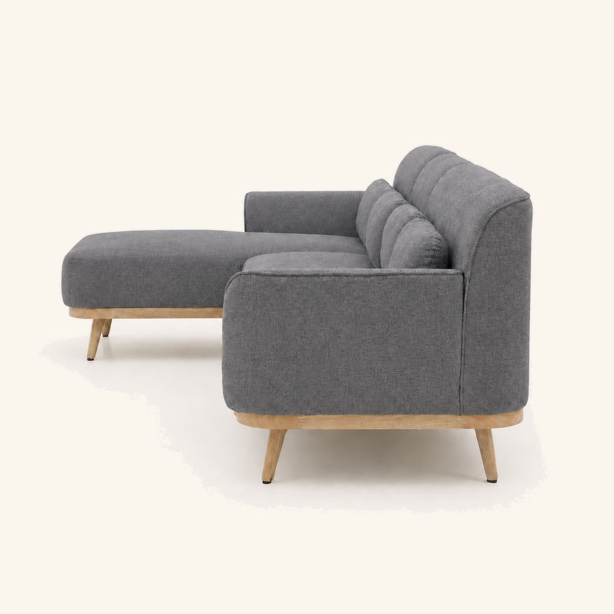 Solid Wood Sectional 135 inch Grey Facing Left side on warm cream background
