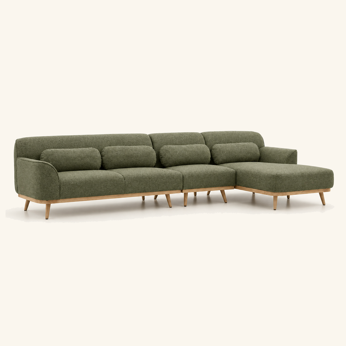 Solid Wood Sectional 135 inch Olive Green Facing Right side on warm cream background