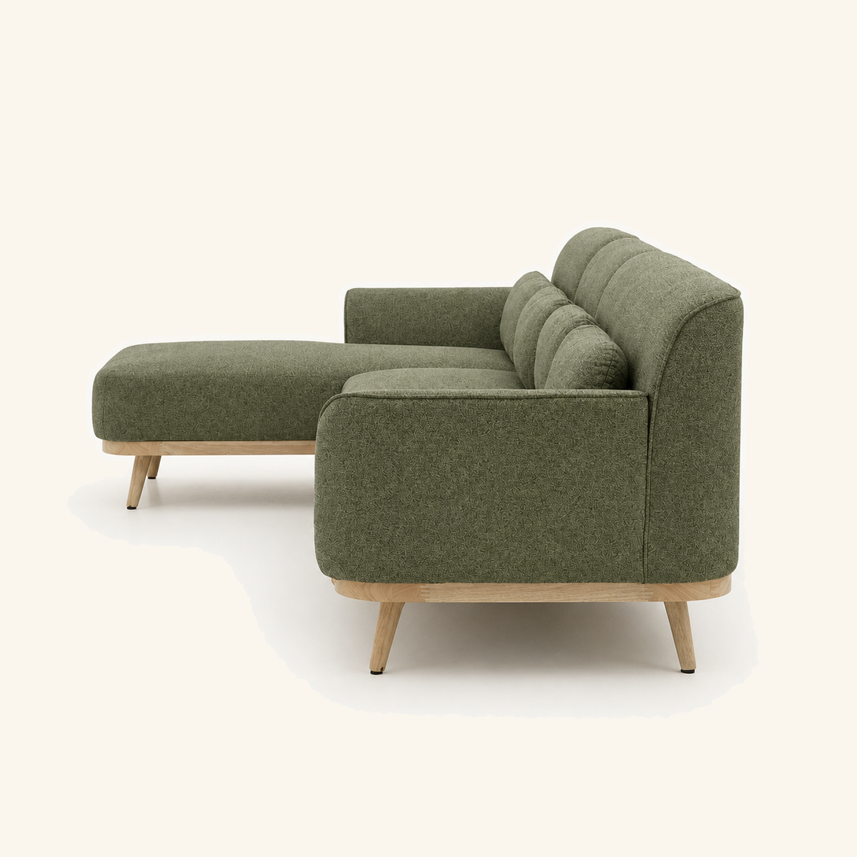 Solid Wood Sectional 135 inch Olive Green Facing Left side on warm cream background