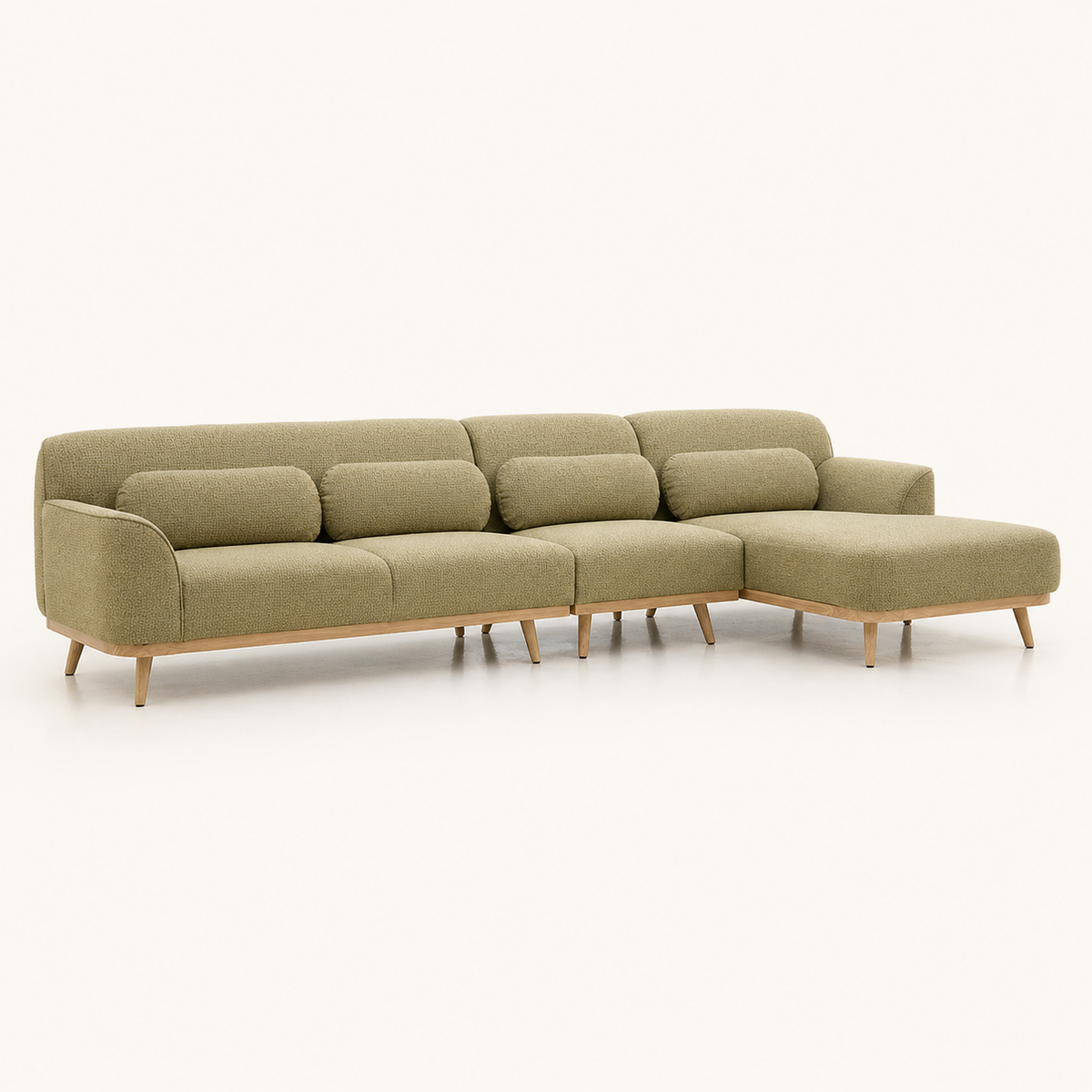 Solid Wood Sectional 135 inch Pistachio Facing Right side on warm cream background