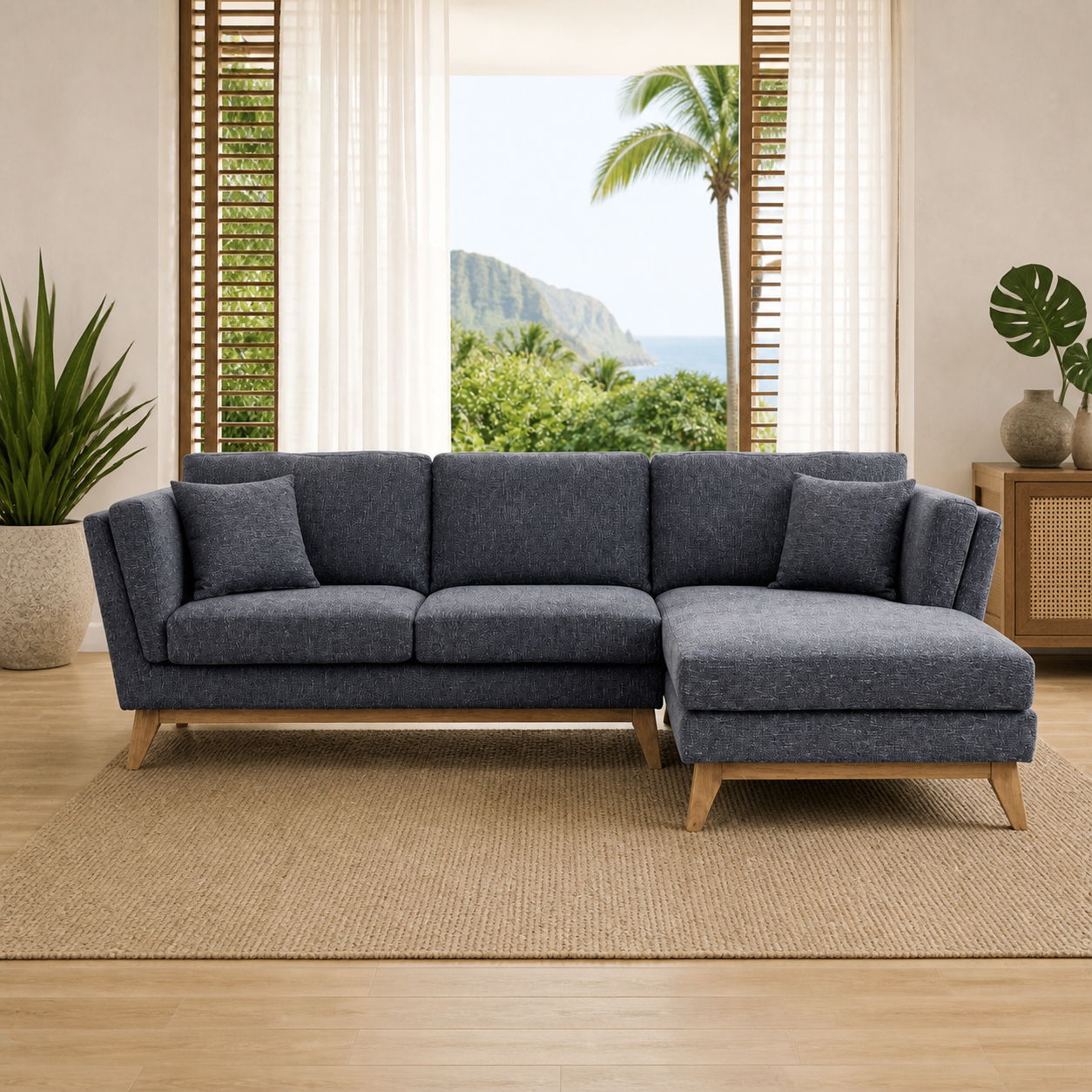ValMinimal Sectional 102 inch Dark Grey Facing Right straight-on Hawaii room view