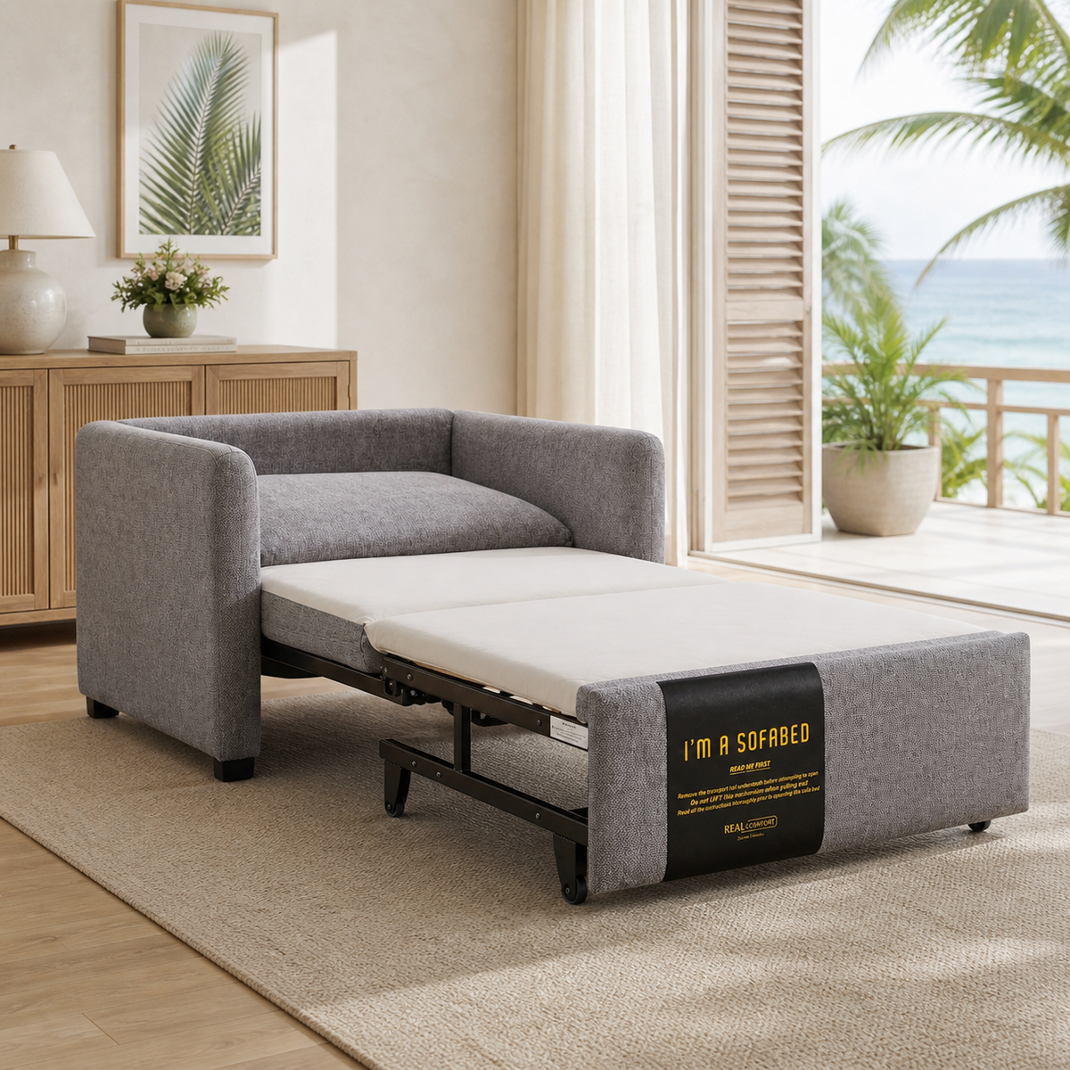 Dianna Lounge Chair Bed in Gray opened beside a Hawaii lanai
