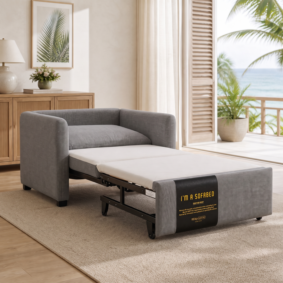 Dianna Lounge Chair Bed in Harvest Ash opened beside a tropical lanai