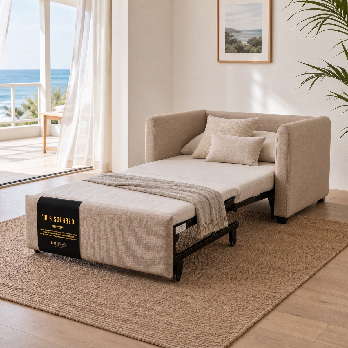Dianna Lounge Chair Bed in Harvest Sand opened beside a tropical lanai