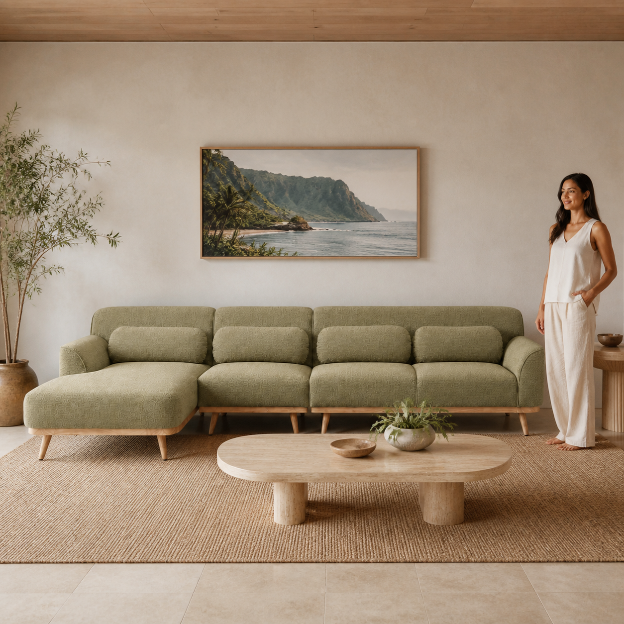 Solid Wood Sectional 135 inch Pistachio Facing Left staged front in a spatially planned Hawaiian home