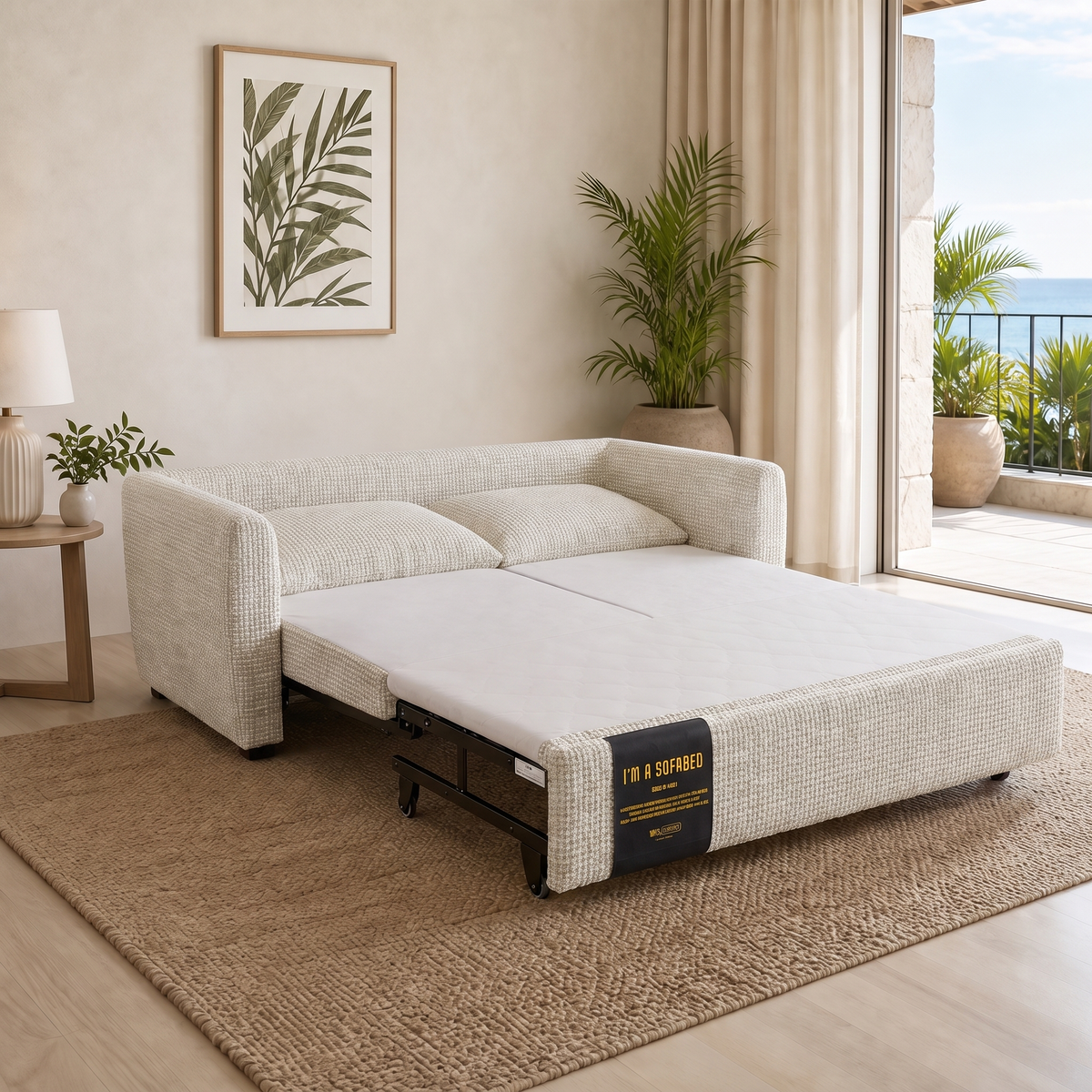 Rebecca Queen Size Sofa Bed in Ivory Weave opened beside a Hawaii lanai