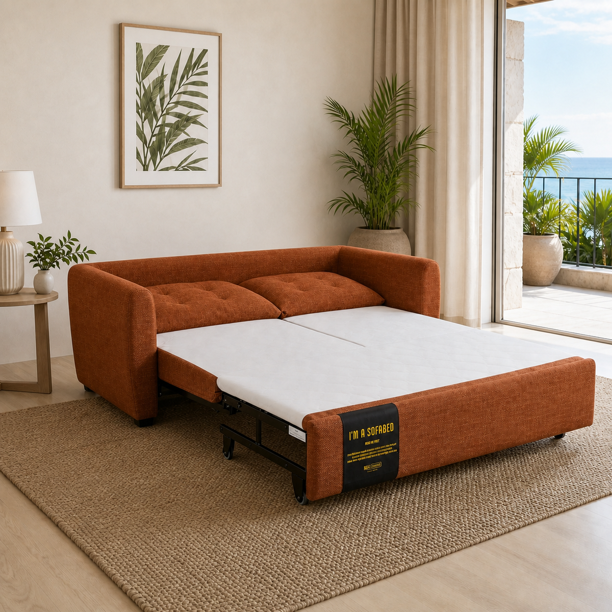 Rebecca Queen Size Sofa Bed Rustic opened beside a Hawaii lanai