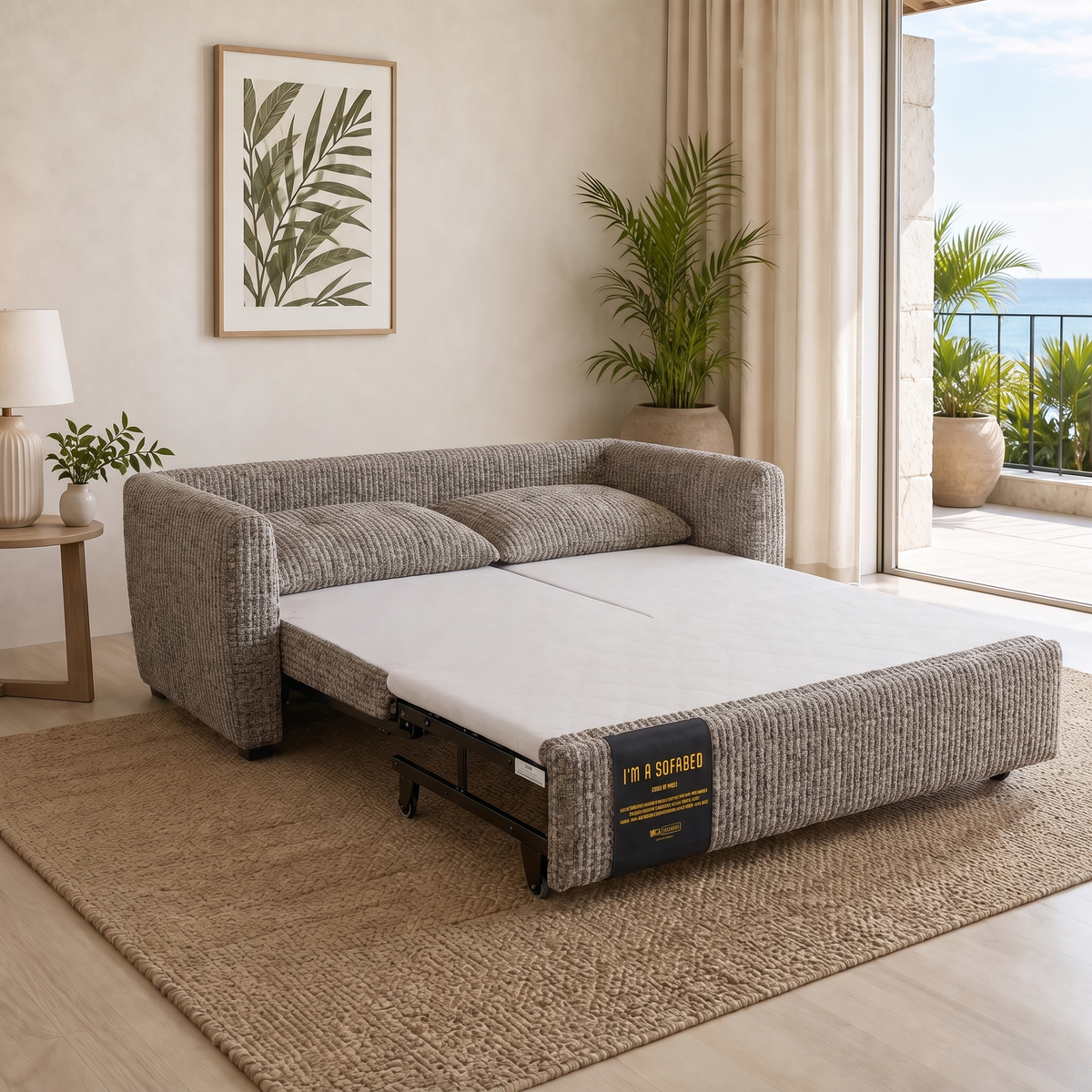 Rebecca Queen Size Sofa Bed in Taupe Weave opened beside a Hawaii lanai