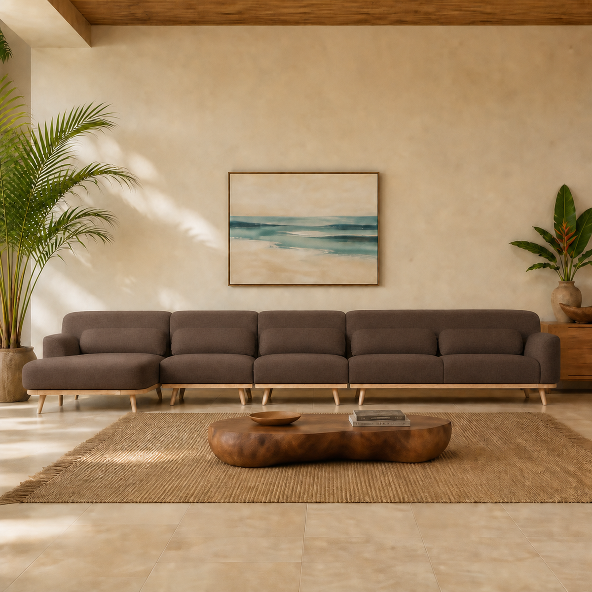 Solid Wood Sectional 164 inch Brown Facing Left rendered v3 staged front in a modern Hawaiian home