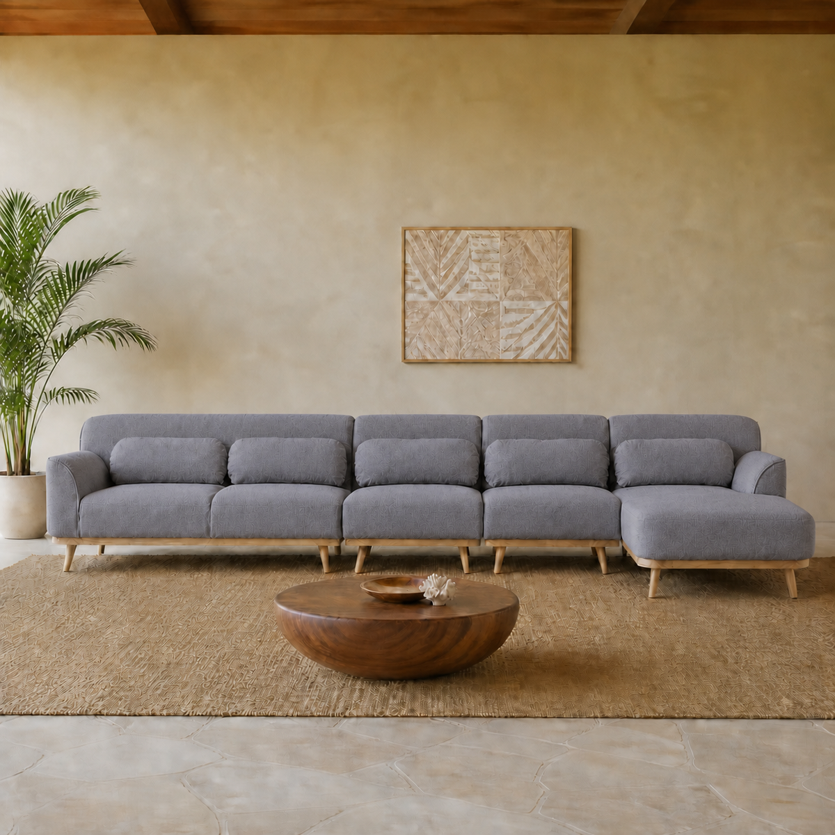 Solid Wood Sectional 164 inch Grey Facing Right staged front in a color-calibrated large Hawaiian home
