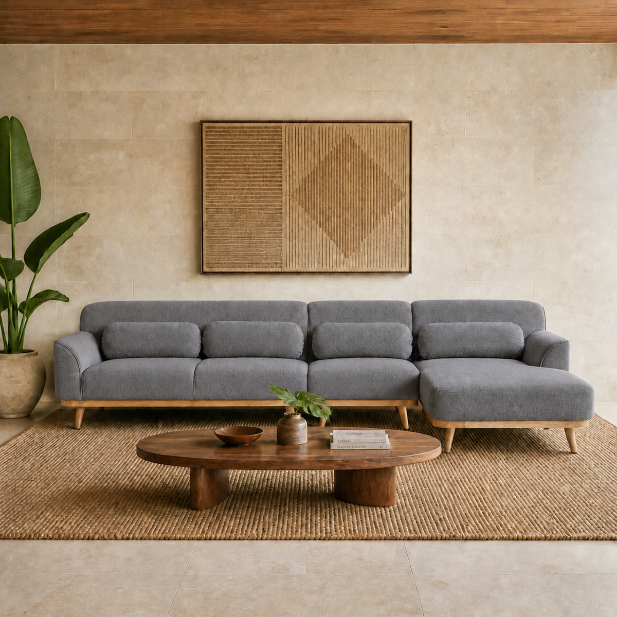 Solid Wood Sectional 135 inch Grey Facing Right staged front in a color-calibrated Hawaiian home